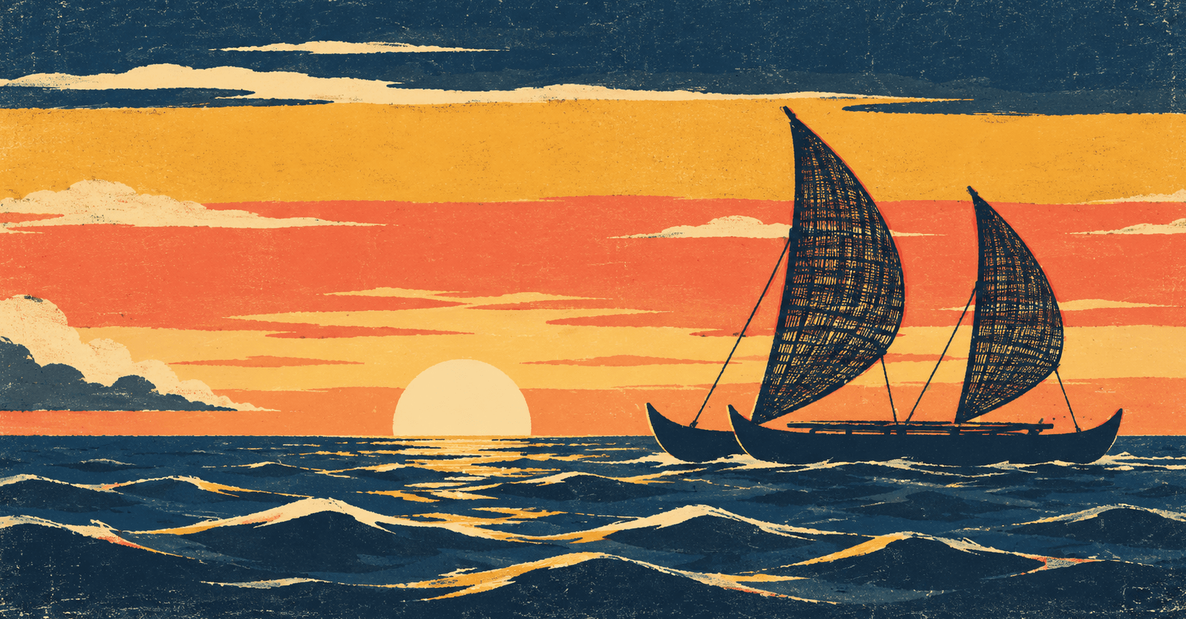 Polynesian voyaging canoe on calm water at sunset