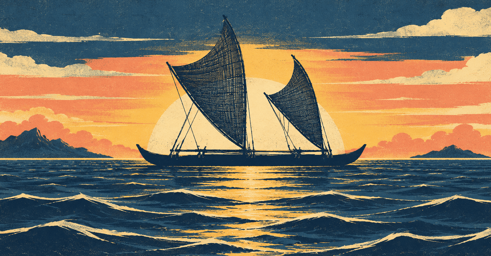 Polynesian voyaging canoe silhouetted against a rising sun