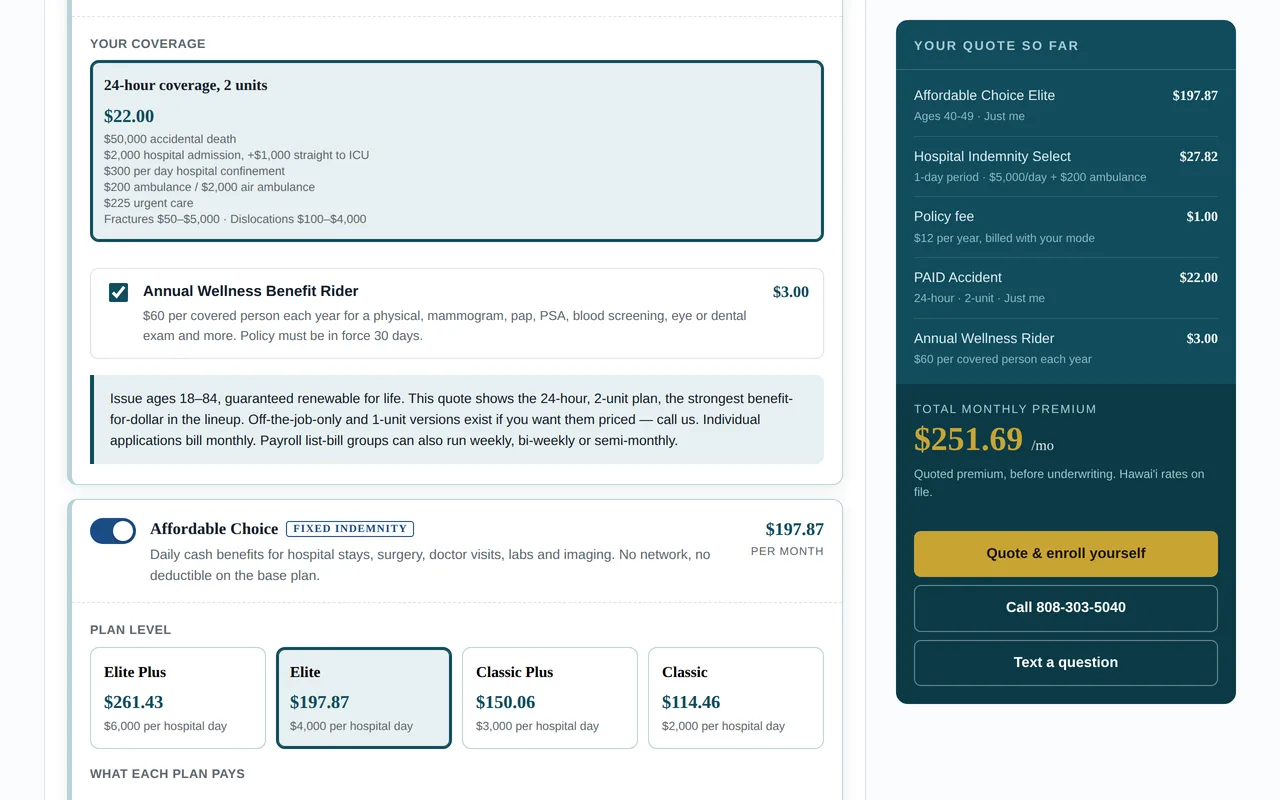 The Hawaii quoting tool on a desktop browser, showing a completed quote with plan choices priced and a running monthly total.